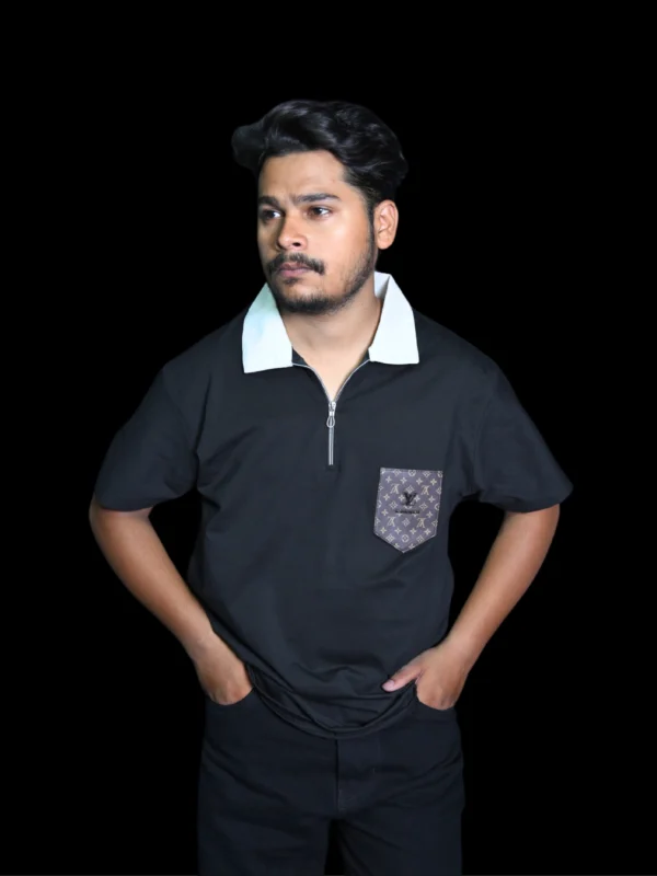 Designer Zip-Collar T-Shirt with Premium Monogram Pocket