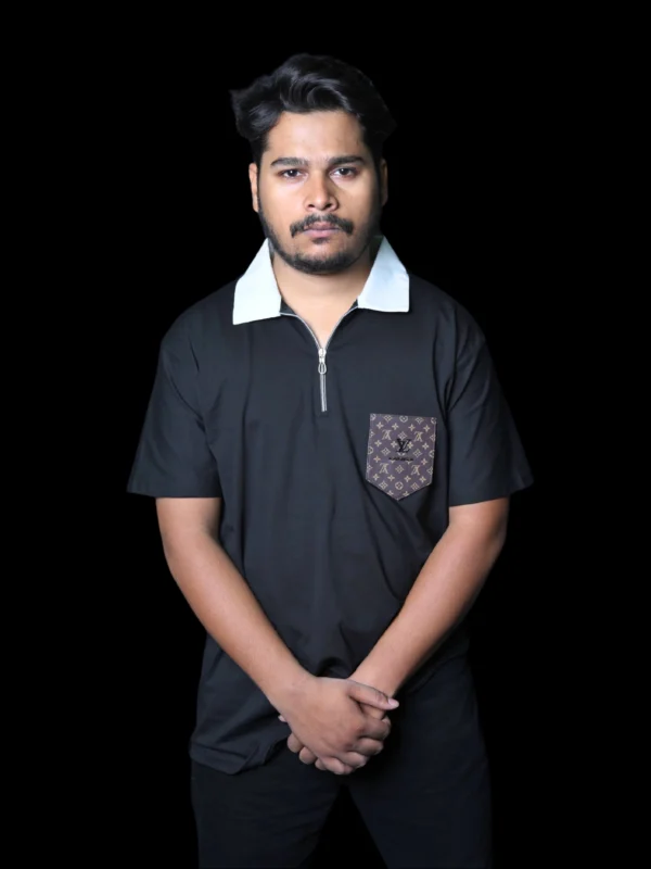 Designer Zip-Collar T-Shirt with Premium Monogram Pocket