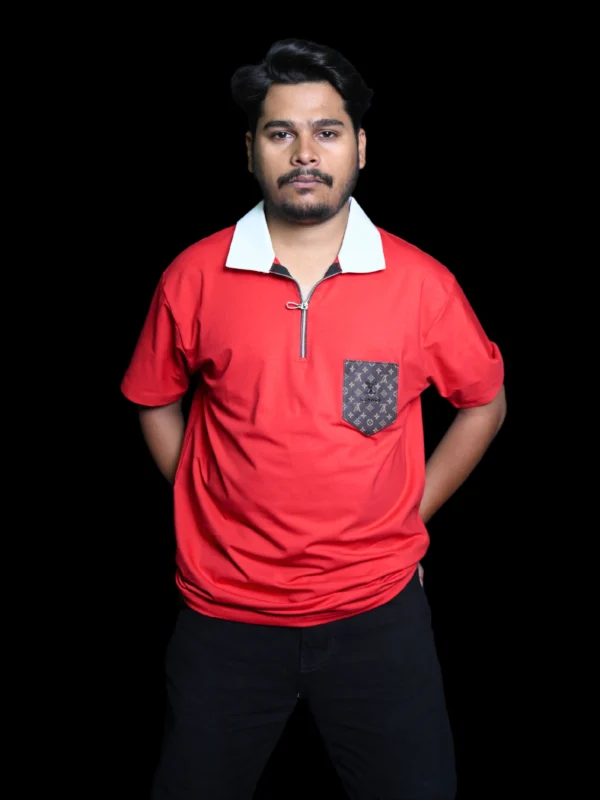 Bold Red Zip-Collar T-Shirt with Monogram Pocket