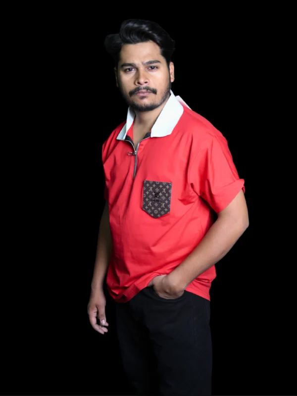 Bold Red Zip-Collar T-Shirt with Monogram Pocket - Image 2