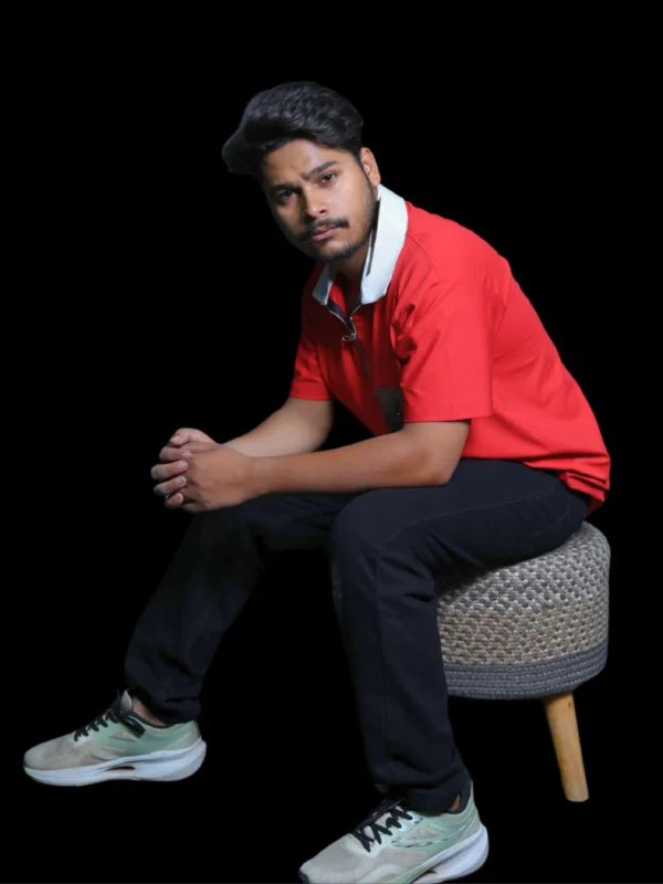 Bold Red Zip-Collar T-Shirt with Monogram Pocket - Image 3